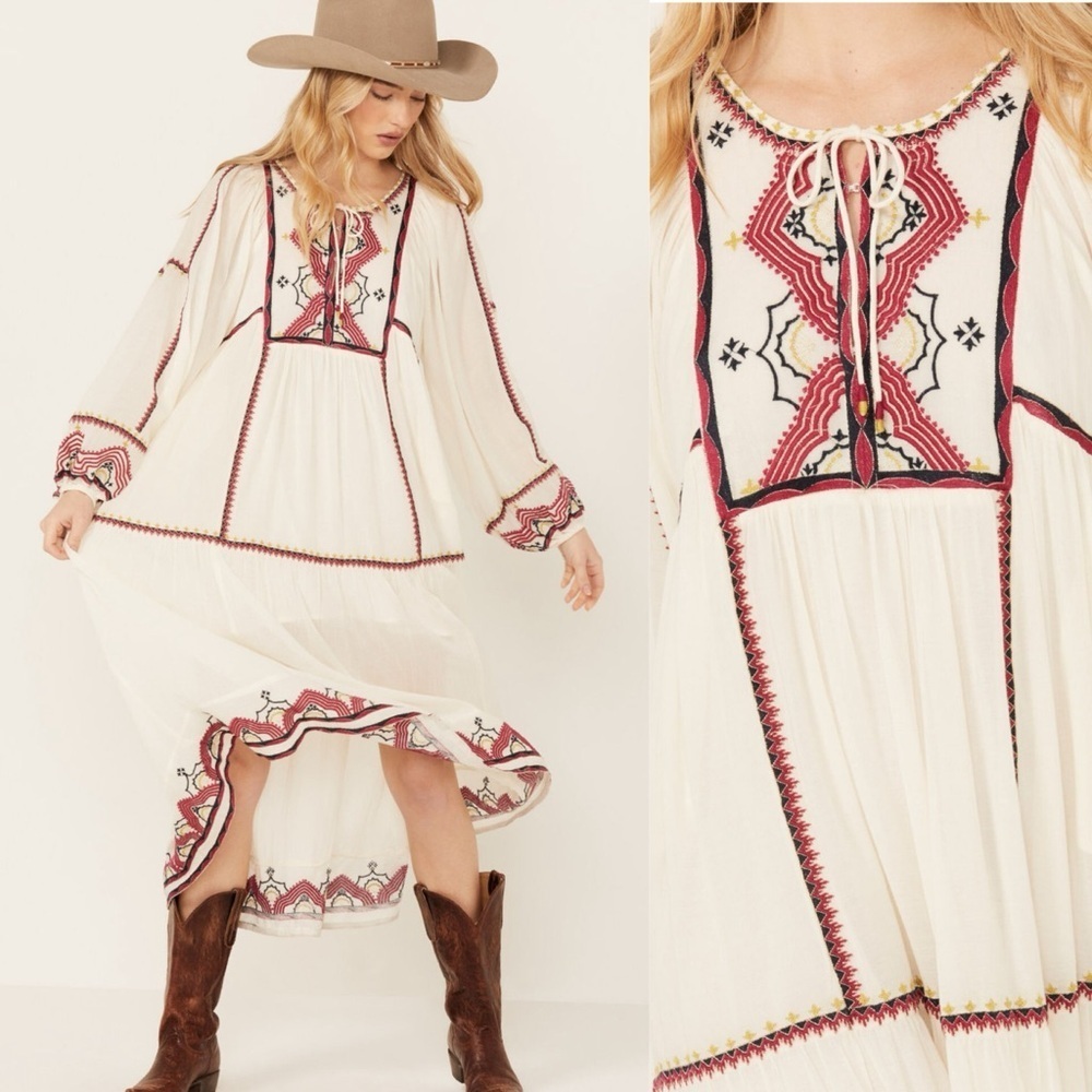 FREE PEOPLE SWEET ESCAPE MIDI DRESS CREAM EMBROIDERED S